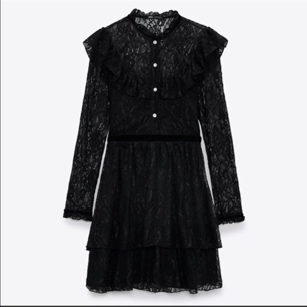Zara Lace Dress With Jewel Rhinestone Button Black Ruffle